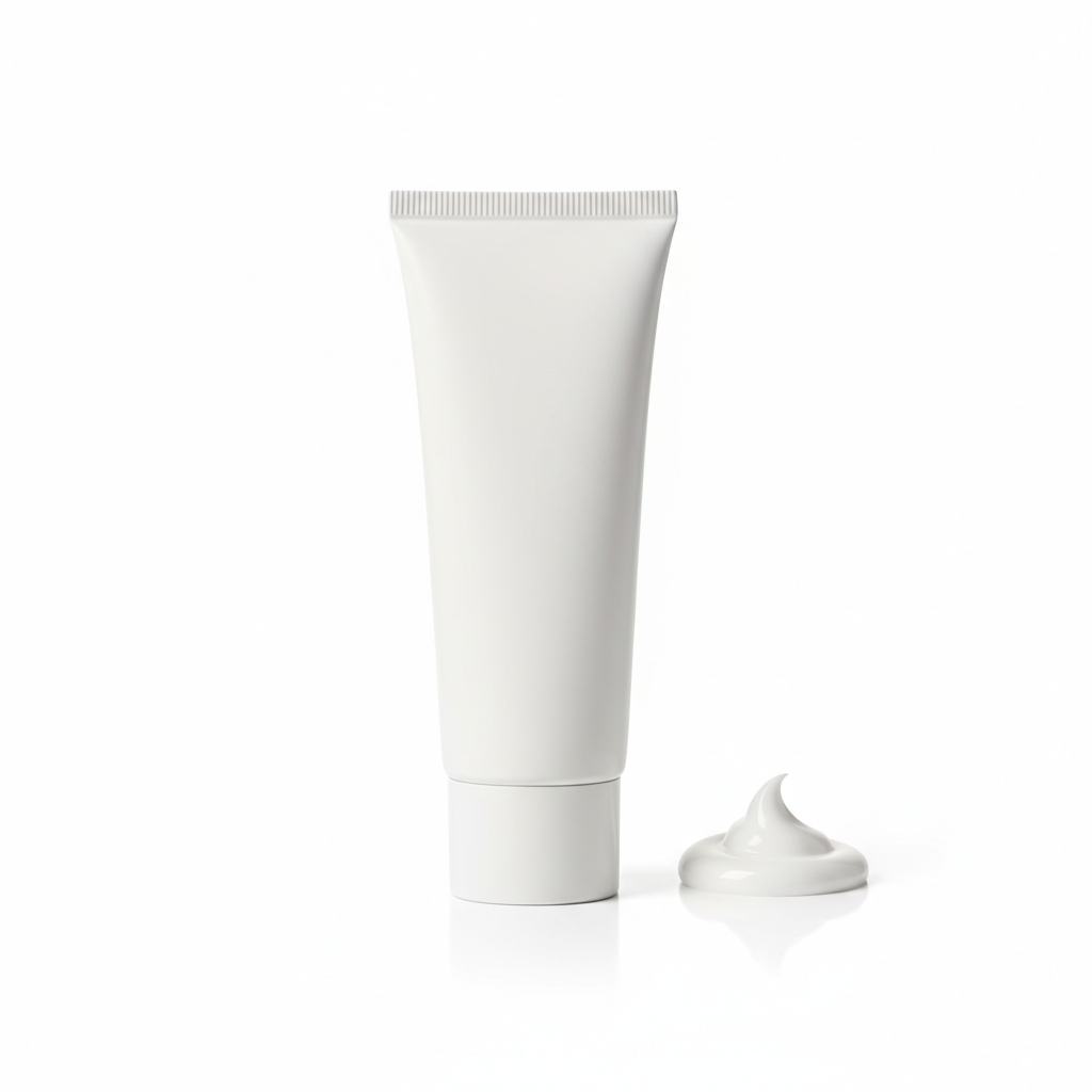 White sunscreen tube with a dab of cream on a white background